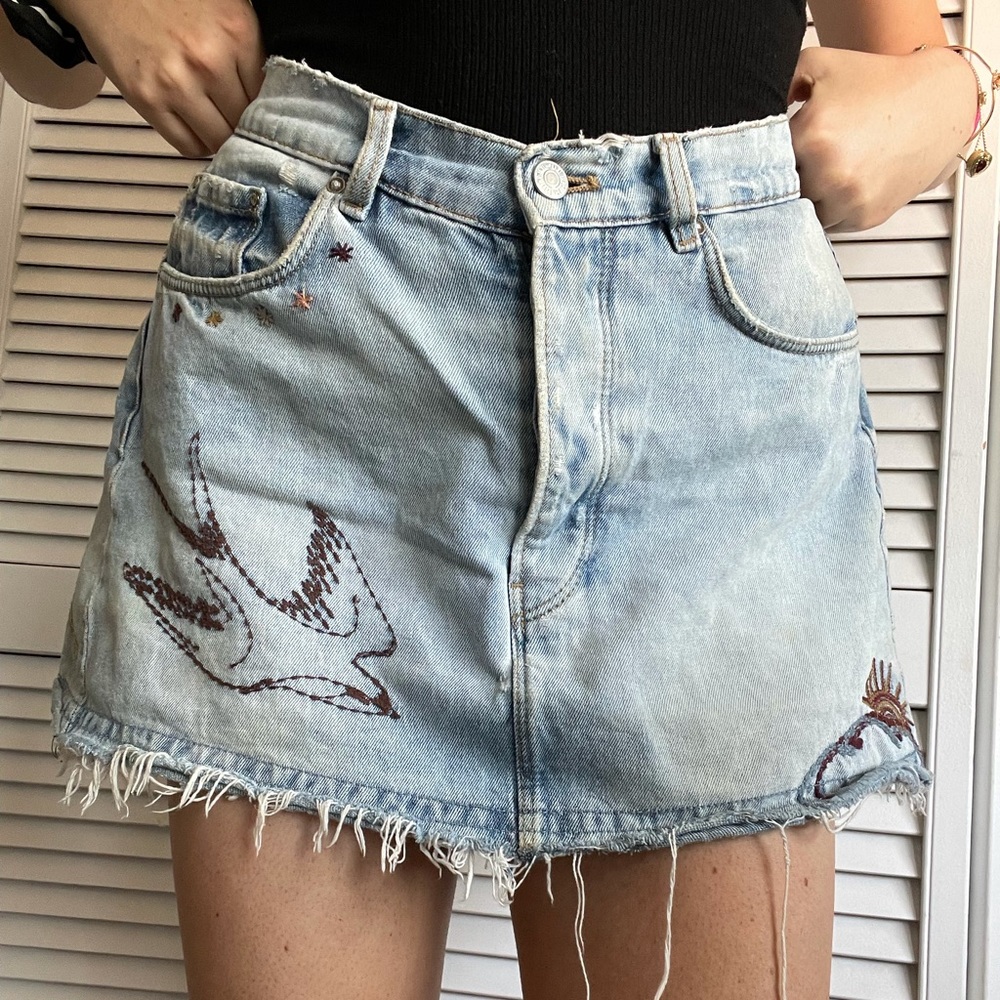Zara Denim Embroidered Skirt
